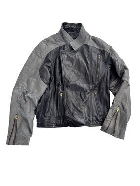 Vintage Jonathan Christopher Colourblock Leather Biker Jacket - Black & Grey